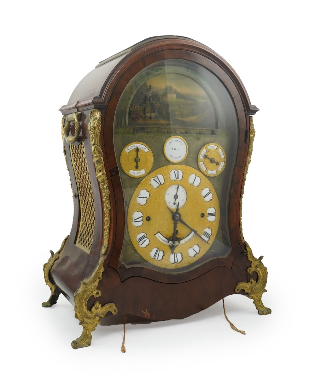 A substantial George III mahogany balloon-shaped musical bracket clock by George Bennett, Greenwich, ‘Clockmaker to the Royal Observatory’